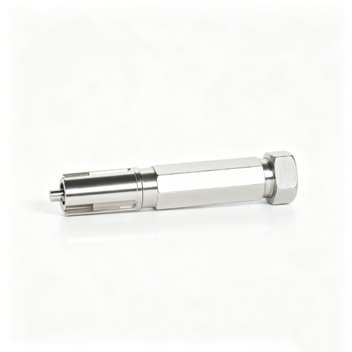 Custom Hex-Body Slotted-End CNC Component — representative custom component view 1 Custom Hex-Body Slotted-End CNC Component — representative custom component view 1
