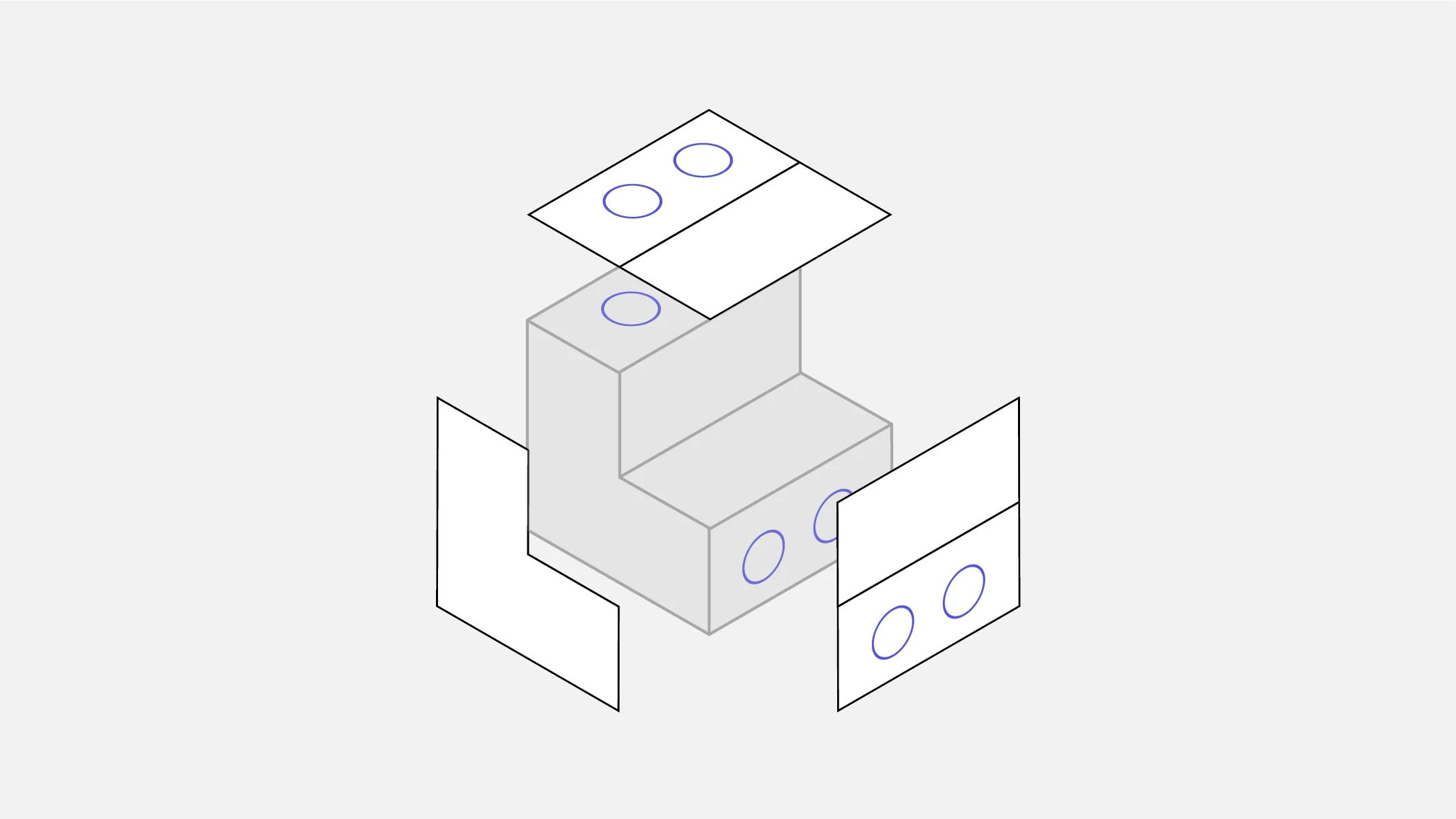Part diagram with holes on different faces and their projected views