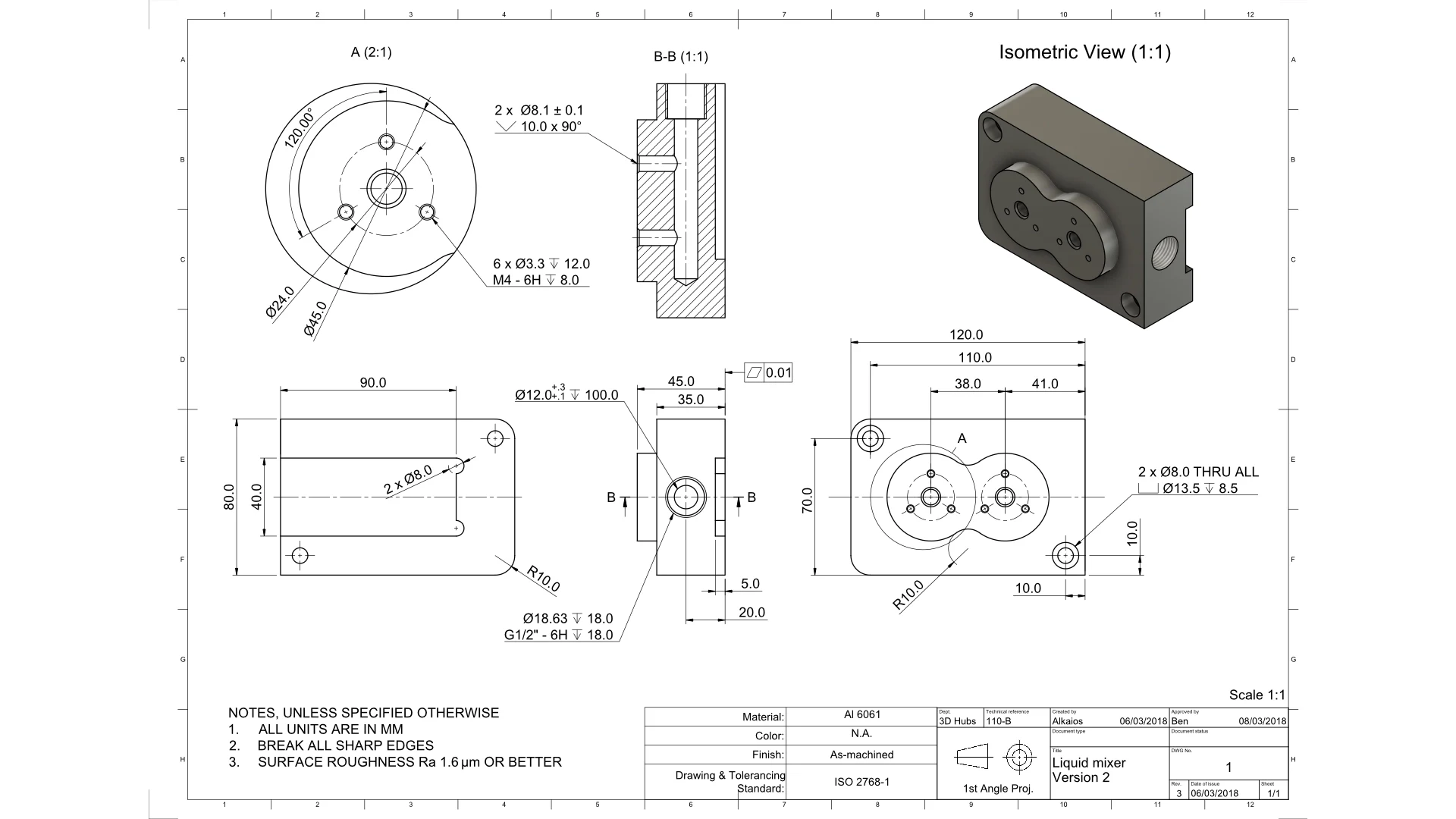 Example technical drawing with multiple views, dimensions and thread callouts