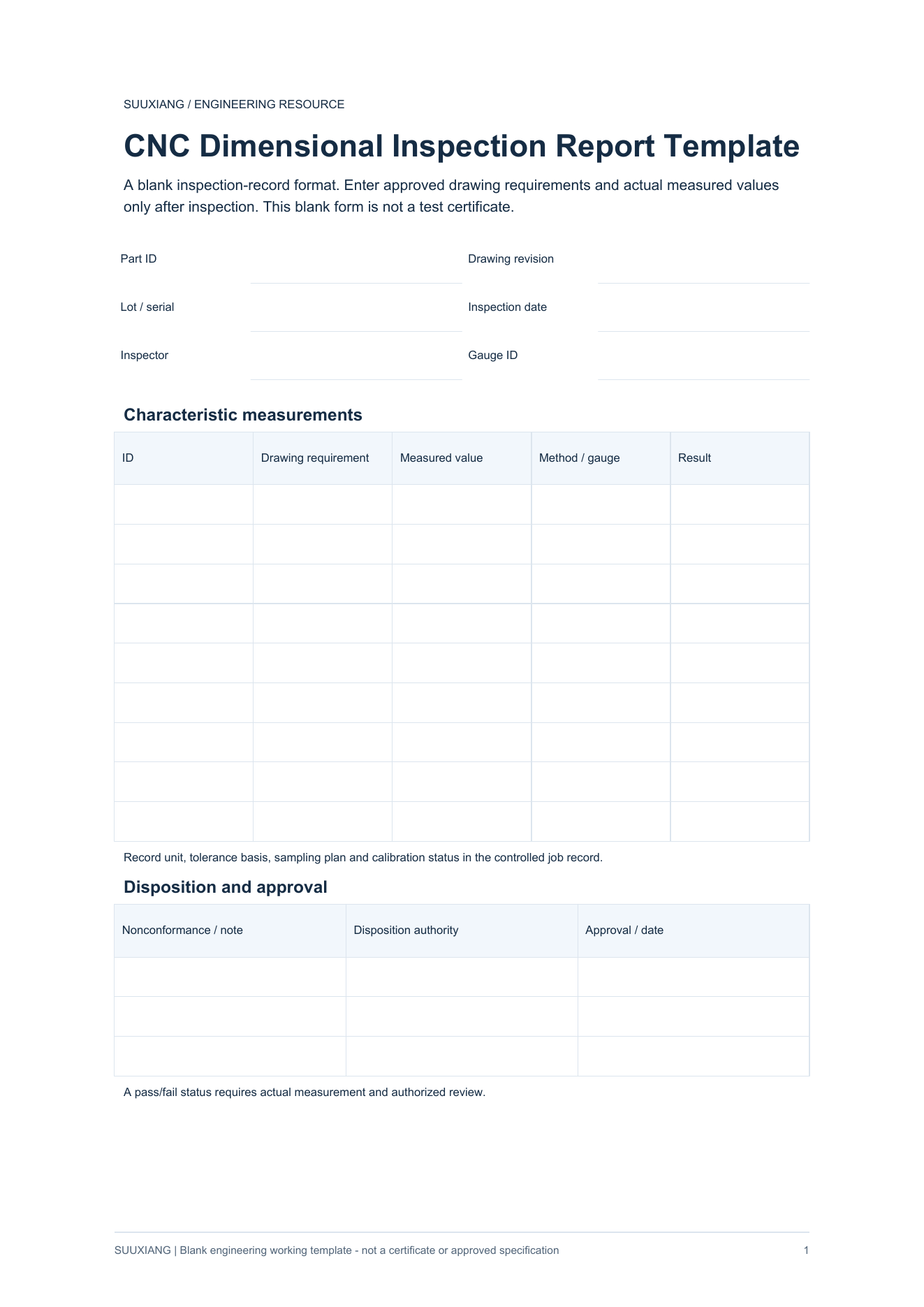 Preview of blank CNC Dimensional Inspection Report Template PDF