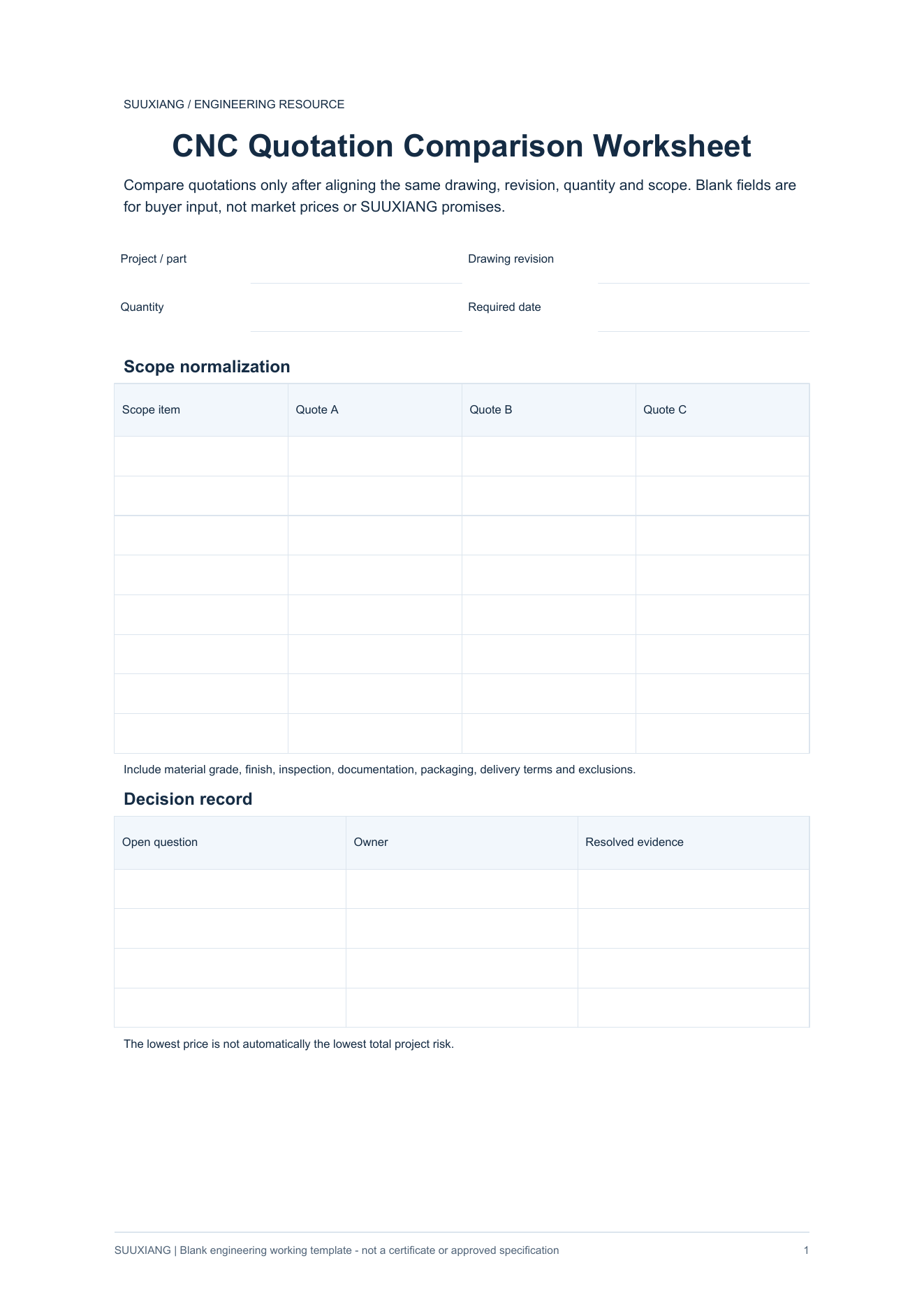 Preview of blank CNC Quotation Comparison Worksheet PDF