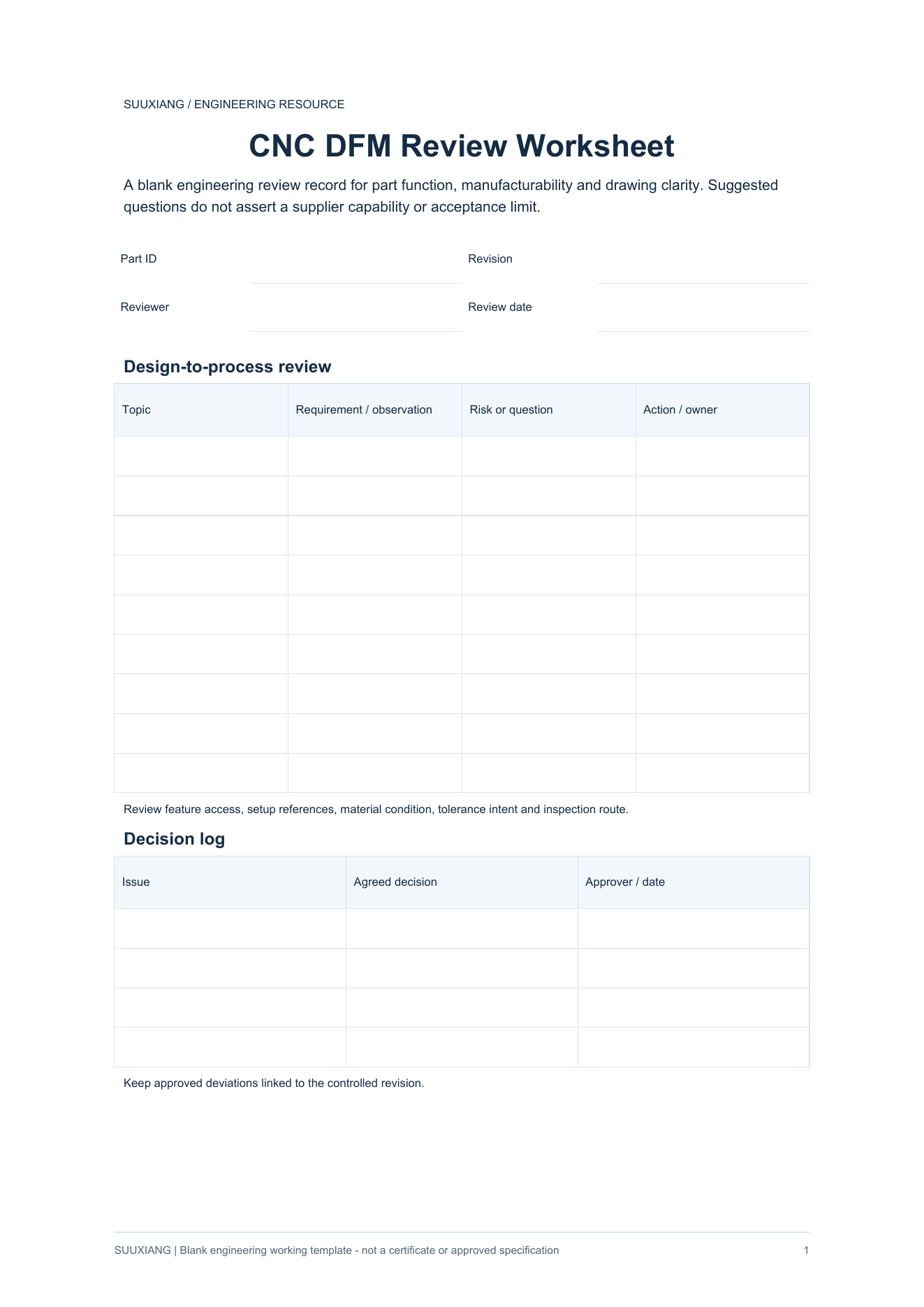 Preview of blank CNC DFM Review Worksheet PDF