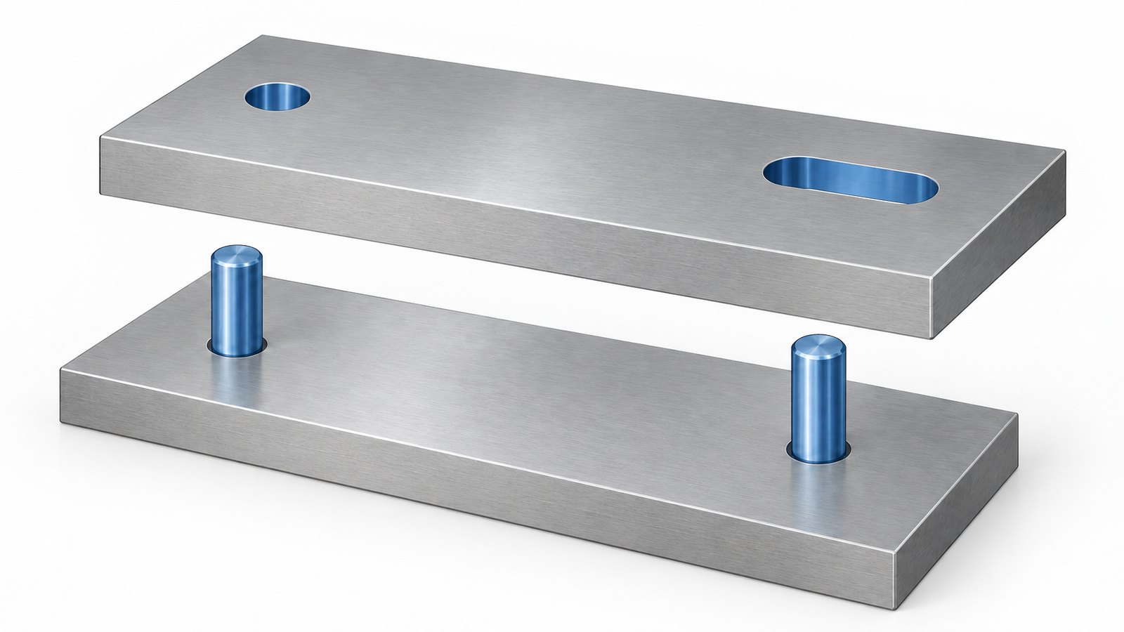 Conceptual exploded plate assembly with two dowel pins aligned to a round hole and elongated slot