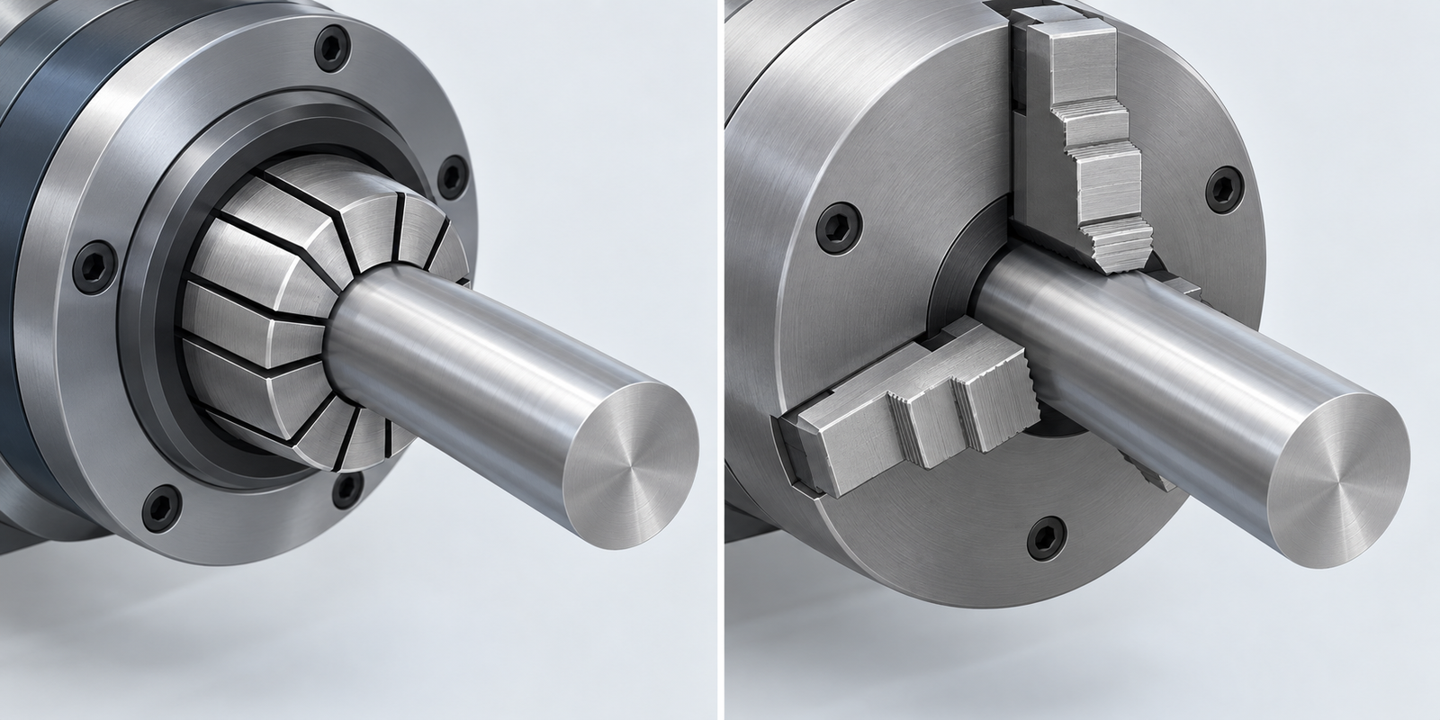 Conceptual lathe workholding comparison of a slotted collet and a three-jaw chuck gripping round stock