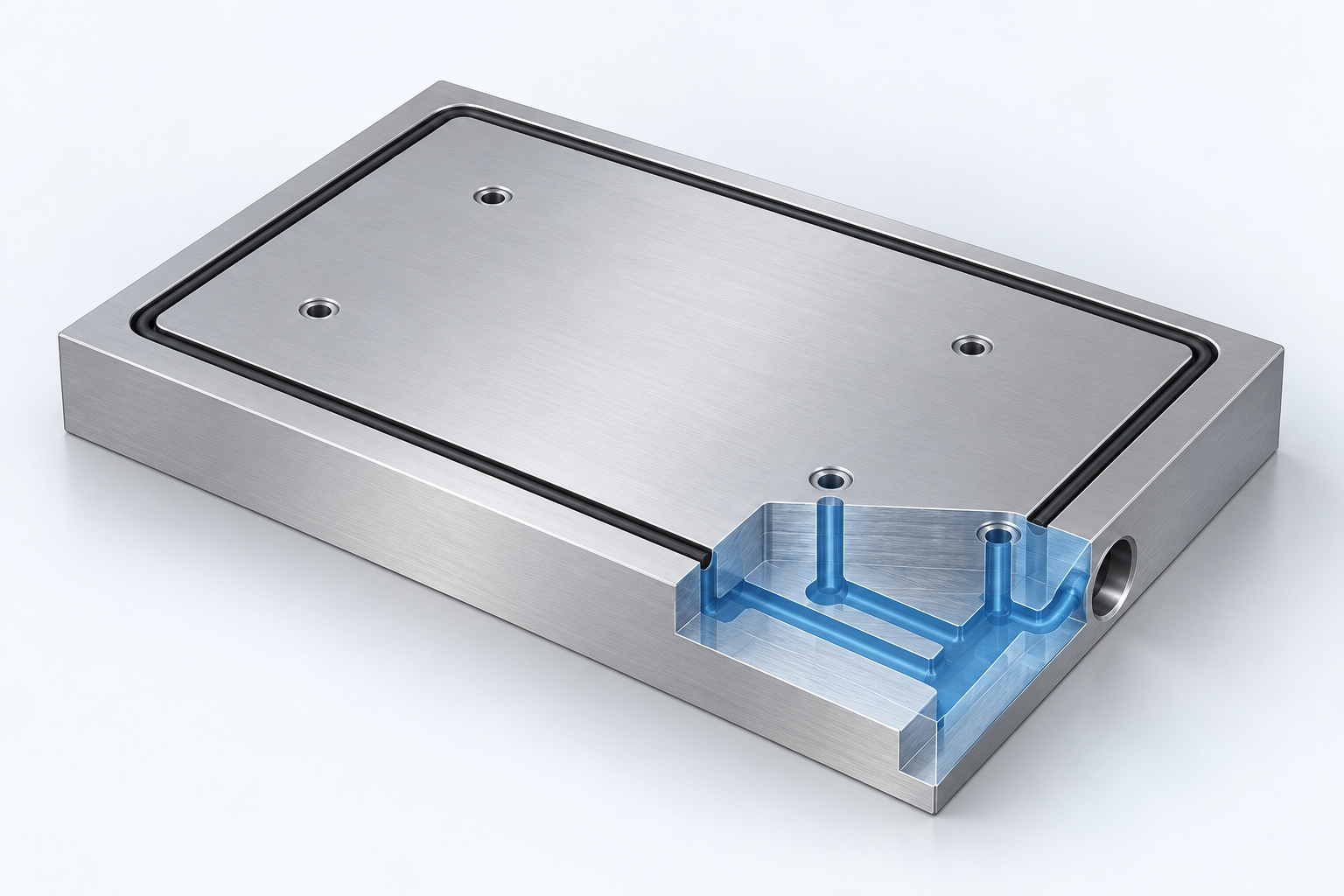 Conceptual vacuum fixture plate with perimeter sealing groove, top suction holes and side inlet
