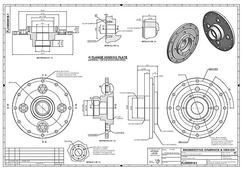 Example mechanical engineering drawing with multiple views, dimensions, and detail callouts