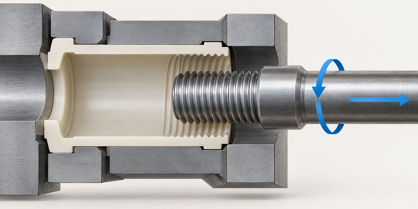 Conceptual cutaway of threaded mold core rotating and withdrawing from a restrained internal-threaded molded part