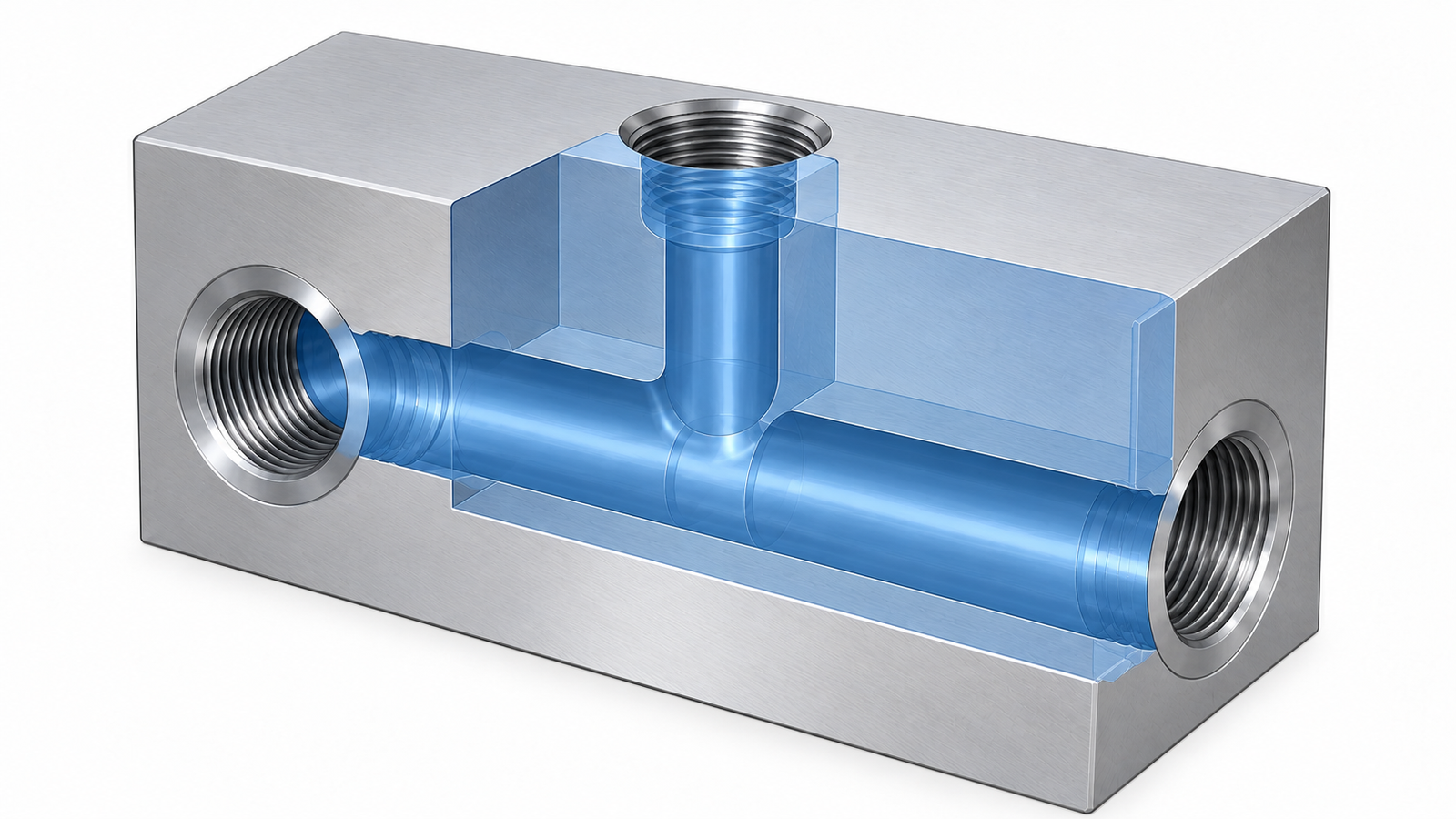 Conceptual manifold block cutaway showing a horizontal cross-drilled bore intersecting a vertical top port