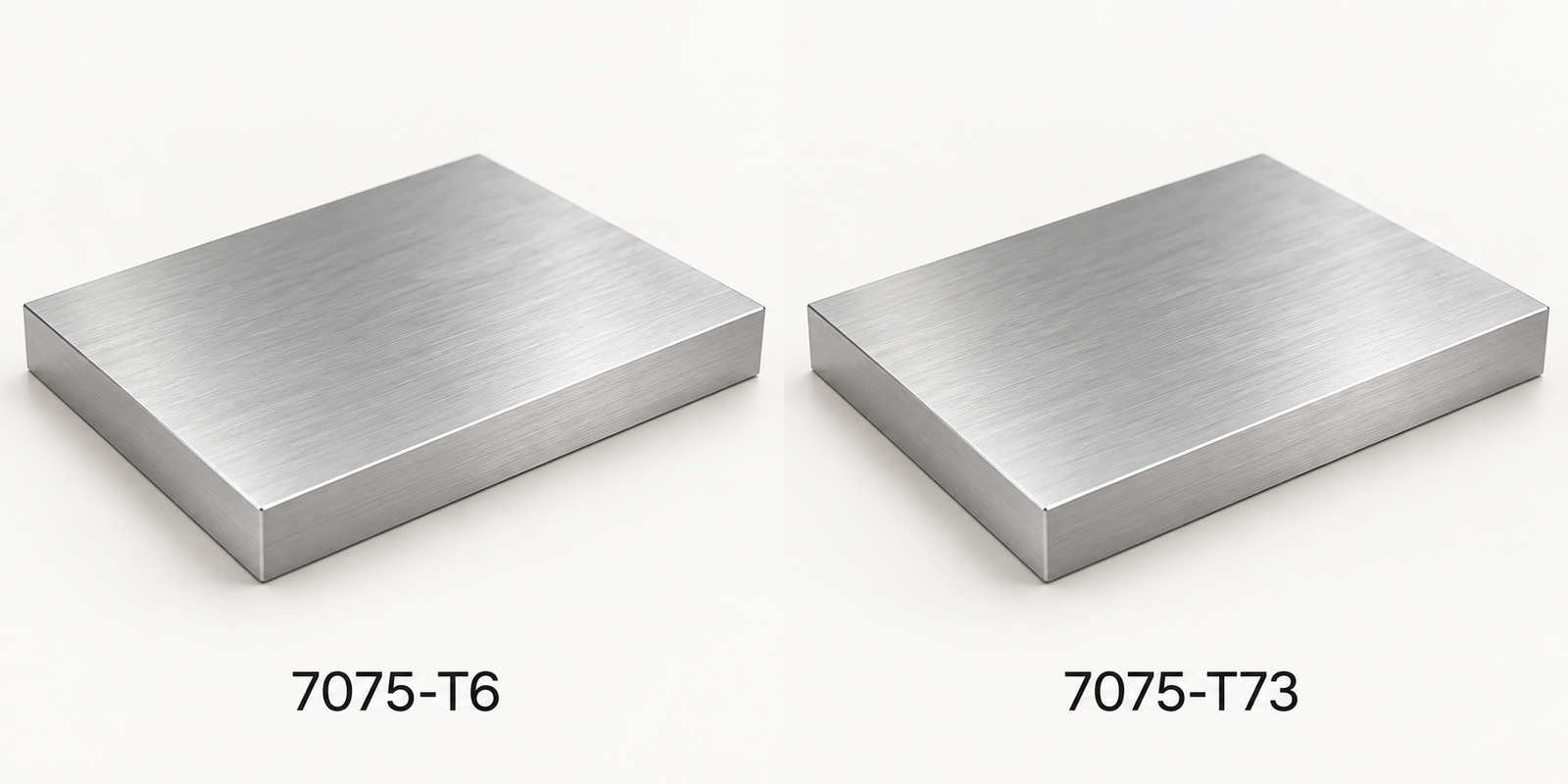 Conceptual identical 7075 stock pieces labeled T6 and T73 without asserted property values