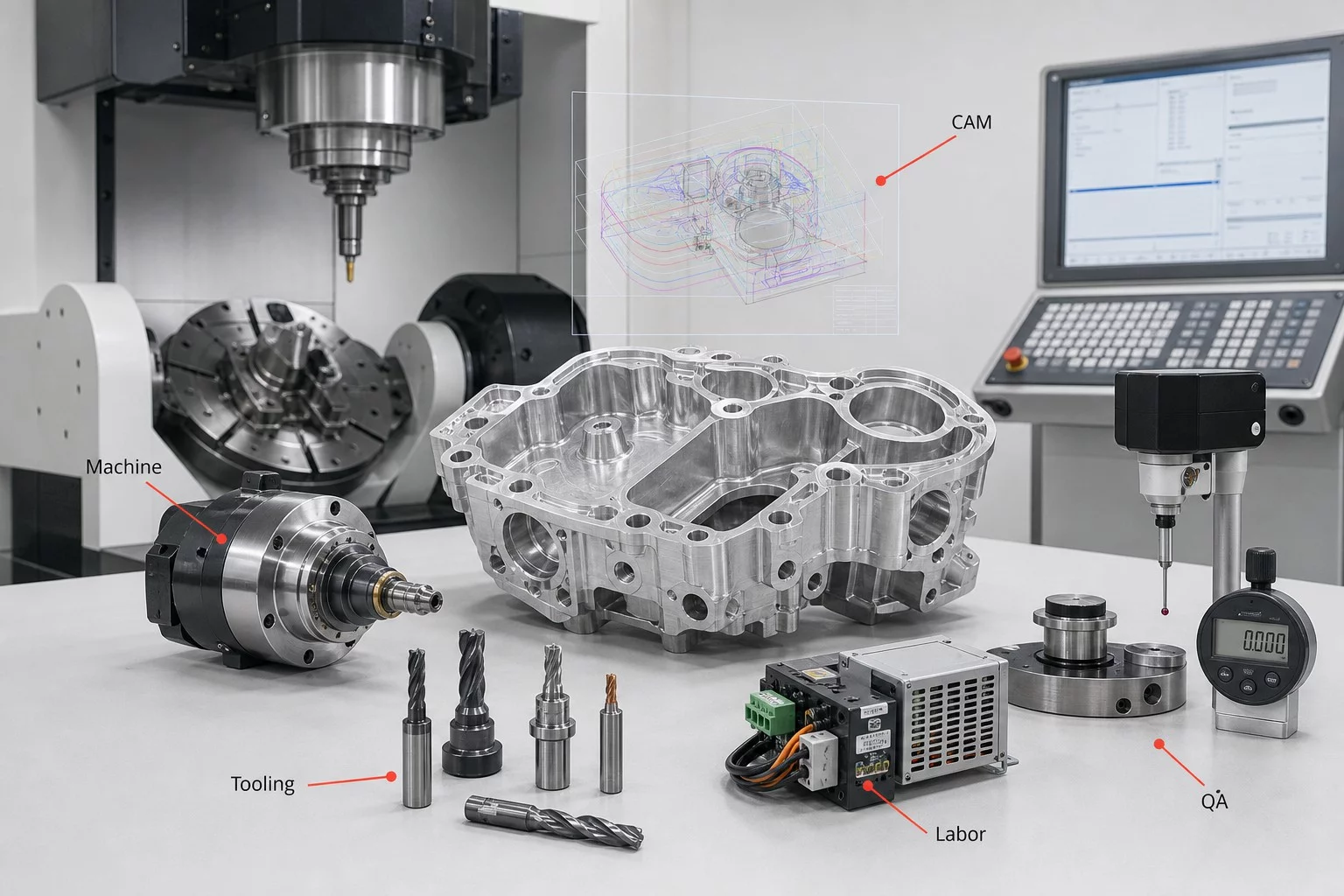 Illustrative CNC cost elements: machine, tooling, labor and quality inspection
